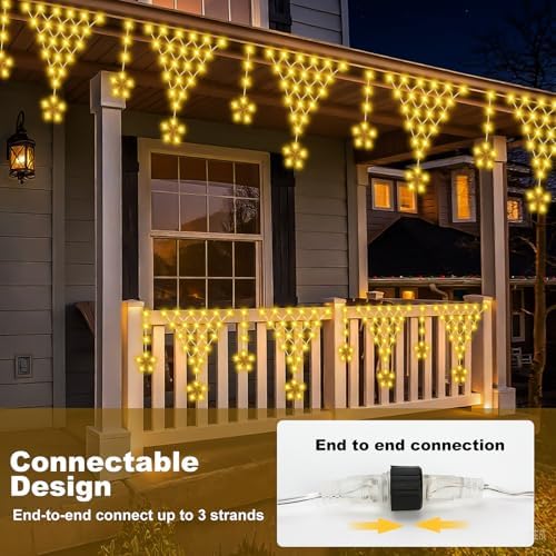 Outdoor Christmas Lights, 13.8ft 218 LED String Lights, Icicle Lights, Curtain Net Lights for Eaves, Garden, Patio, Wedding, Balcony, New Year, Home Decoration - Warmwhite - Image 6