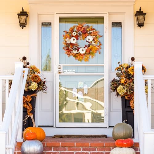 Sggvecsy Fall Wreath 20’’ Autumn Front Door Wreath Harvest Wreath with White Pumpkins Berries Maple Leaves Pine Cones Grain for Outside Indoor Home Wall Festival Thanksgiving Autumn Farmhouse Decor - Image 2