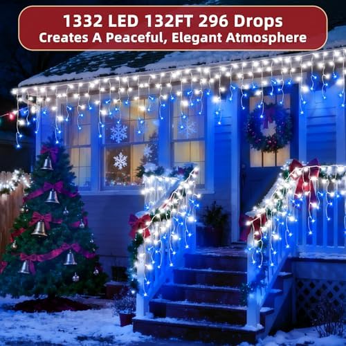 1332 LED 132ft Christmas Lights with 296 Drops, 12 Lighting Modes Blue & White Christmas Decoration Twinkling Lights Dimmable, Timer Outdoor Waterproof Fairy Lights for Indoor Garden House Eaves Roof - Image 2