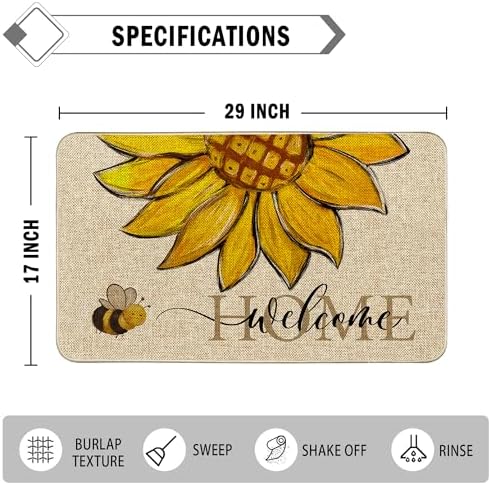 Sunflower Welcome Doormat 17"x29", Non Slip Door Mat Indoor Entrance, Hello Indoor Front Door mat, Spring Summer Outdoor Entrance Mat, Low Profile Design Patio Porch Entryway Mats - Image 3
