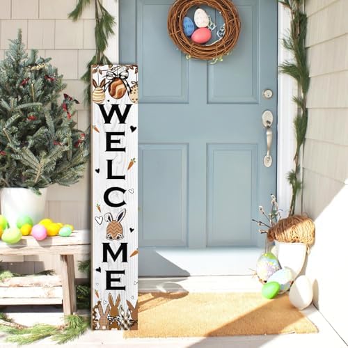 Easter Welcome Sign for Front Door, 47'' Tall Happy Easter Bunny Wooden Porch Sign for Patio, Rabbit Eggs Standing Vertical Door Signs Spring Rustic Yard Signs Seasonal Outdoor Signs for Garden by Seimip
