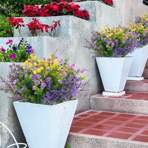Hananona 24 Pcs Artificial Flowers Outdoor, Faux Artificial Plants UV Resistant Plastic Flower Bulk for Hanging Planter Porch Window Home Wedding Summer Decor (24, Fuchsia, Purple, Yellow, Green) - Image 7