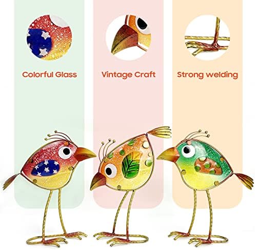 Bird Garden Decor Set of 3 Metal Glass Colorful Gift Outdoor Patio Yard Art - Image 3