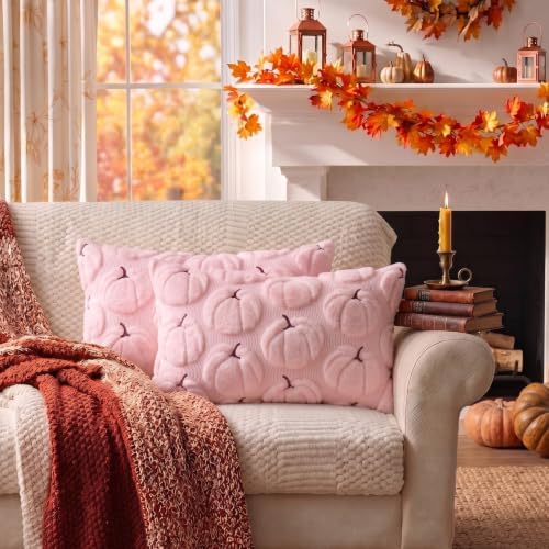 Fall Pillow Covers Pumpkin Fall Decor 12x20 Set of 2 Pink - Image 6
