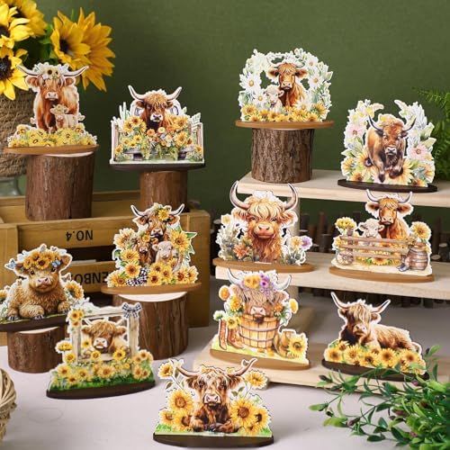 Wesiti 12 Pcs Highland Cow Table Decoration Wooden Highland Cow Centerpiece for Table Spring Summer Sunflower Farm Animal Tabletop Sign Decorations for Birthday Party Decorations Baby Shower Supplies - Image 4