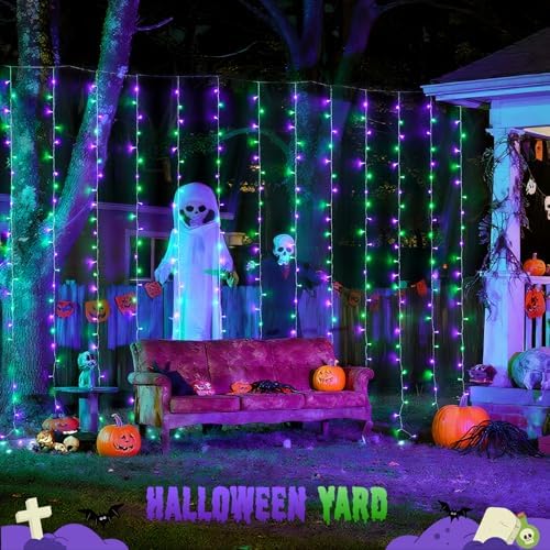 JMEXSUSS 300LED Purple & Green Curtain Lights for Halloween Decor, Plug in - Image 6