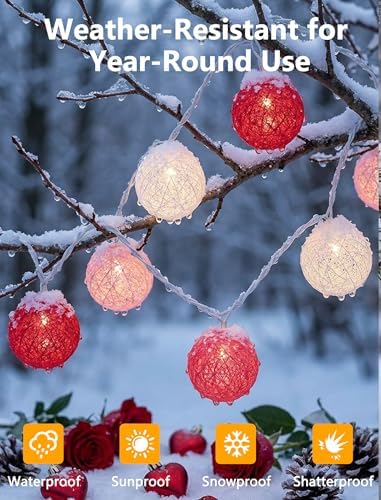Red Pink and White Cotton Ball String Lights, 8.5Ft Valentine's Day Plug in Fairy Lights with 10 LED Colored Cotton Ball Bulbs, Hanging Globe Cozy Lighting for Girls Bedroom Party Birthday Home Decor - Image 3