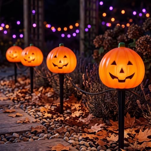 SUNSGNE Halloween Pathway Lights Outdoor, Set of 4 Halloween Pumpkin Stake Lights, Connectable Jack-O-Lantern Walkway Light for Holiday Garden Party Driveway Lawn Lighting Decor by SUNSGNE
