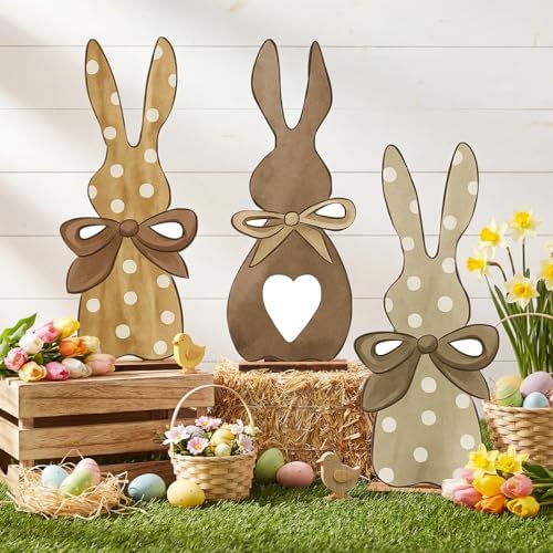 Vercraft 3 Pcs Outdoor Easter Decorations for Porch Large Wooden Easter Bunny Porch Sign Rustic Polka Dot Bunny with Bow Spring Party Decor for Front Door Yard Garden, 23.6 Inch - Image 6