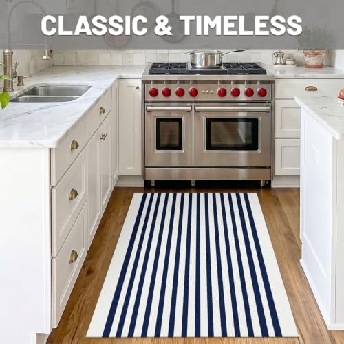 IOHOUZE 3x5 Striped Entryway Rug, Washable Front Door Mat, Navy White - Image 3