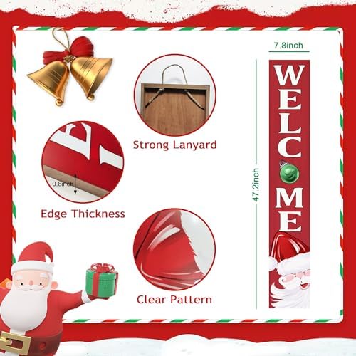 Christmas Welcome Porch Sign Decor Santa Wooden Hanging Sign Door Porch Standing Decorative Signs Plaques for Front Door Farmhouse Outdoor Indoor Welcome Sign Wall Craft Decor 47.2"H - Image 3