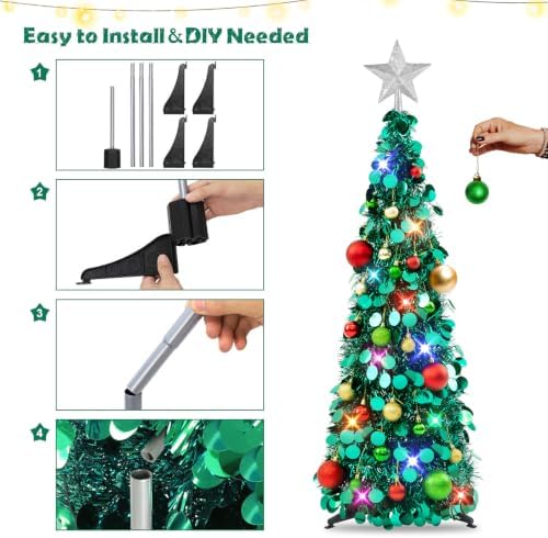 N&T NIETING Pop Up Christmas Tree with Lights & Ornaments,3FT, Peacock Blue - Image 4