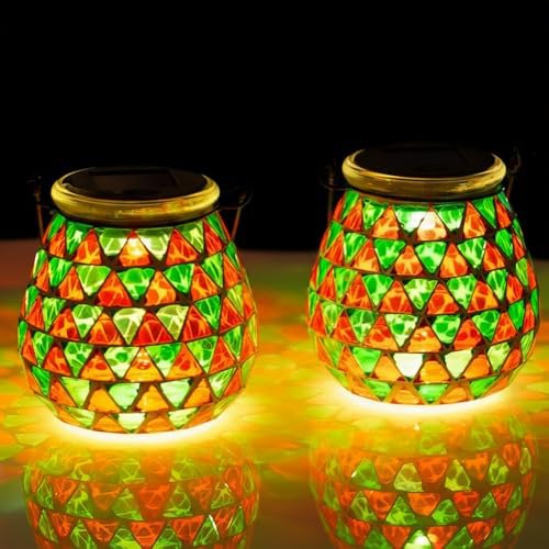 Starsoul 2 Pack Solar Lanterns Outdoor Waterproof, Vibrant Mosaic Hanging Solar Lights, Decorative Solar Lantern for Outside Garden Decor by Starsoul