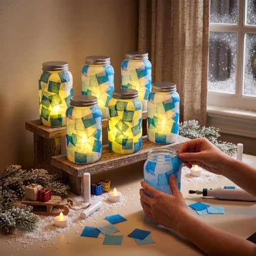 Qinyoung 12 Pcs Winter Mason Jar Craft Kits with LED Candle Lights - Image 3