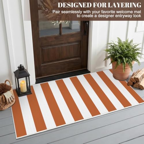 Orange White Striped Outdoor Rug 2 x 4.3 Ft, Front Door Layering Mat - Image 4