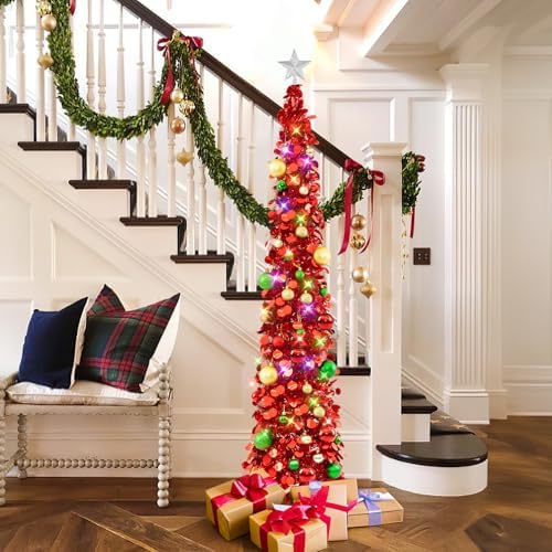 N&T NIETING Pop Up Christmas Tree with Lights & Ornaments, 6FT, Red - Image 6