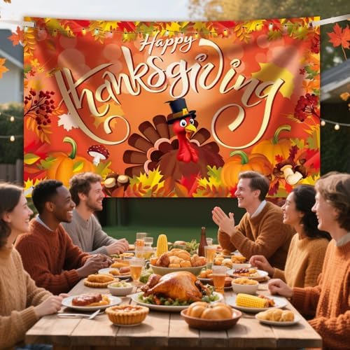 Large Happy Thanksgiving Banner Decorations - 72x44 Inch Thanksgiving Sign Outdoor with Turkey, Pumpkins and Maple Leaf for Yard, Porch, Home, Indoor Party Gifts & Photo Booth Backdrop - Image 5