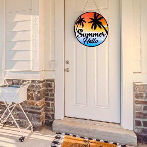 JarThenaAMCS Hello Summer Welcome Door Sign 3D Hawaiian Coconut Tree Seaside Sunset Front Door Hanger for Summer Pool Farmhouse Home Porch Window Decor - Image 6