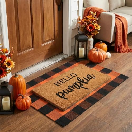 Fall Decor Doormat Combo Set, 100% Coco Coir Welcome Mat + 3' x 5' Orange and Black Plaid Rug - Fall Thanksgiving Front Porch Entryway Decor Floor Mat, Indoor Outdoors Autumn Mats Hello Pumpkin - Image 3