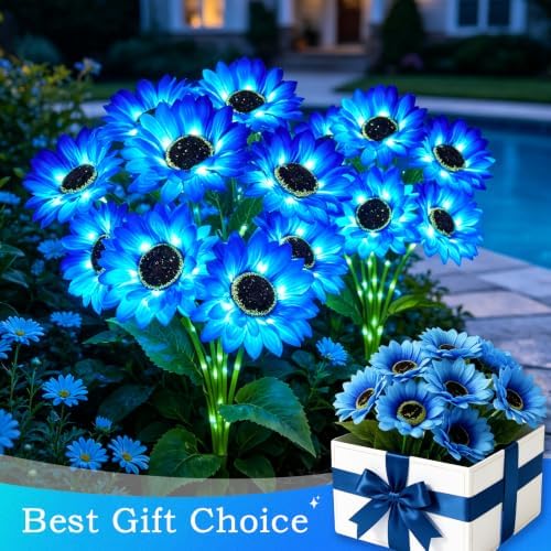 MRHEPHAESTUS Solar Garden Lights Outdoor, 6 Pack Solar Blue Sunflower Lights with 18 Head 3.5 Inch Flowers, Waterproof Flowers Light Fall Decor Auto ON/Off for Garden Yard Patio, Gifts for Mom Women - Image 7