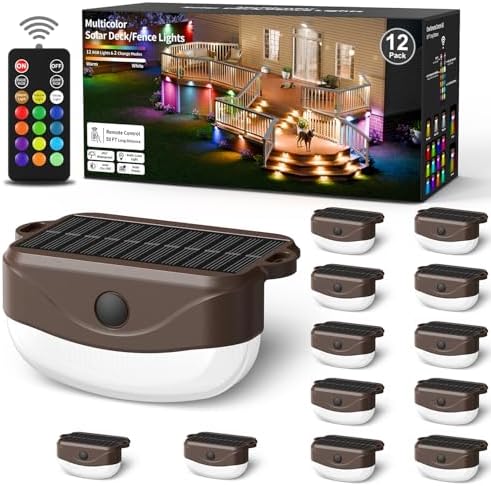 Solar Deck Lights Outdoor 12 Pack, 12 Color Changing Solar Powered Step Lighting with Remote, IP67 Waterproof Led RGB Colors Lamp for Outside Fence, Step, Stair Railing, Wall, Patio, Pool by Unknown