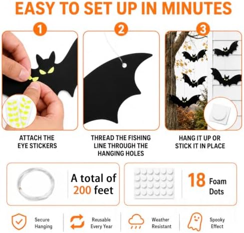 18 Pcs Hanging Bats Halloween Wall Decoration Outside Flying Plastic Bat 3 Size with Eyes Sticker Outdoor Decor for Hanging in The Tree, Porch, Yard, Lawn, Indoor (Bat) - Image 4