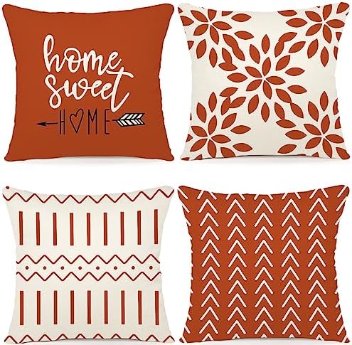 YCOLL Burnt Orange Linen Pillow Covers 16x16 Set of 4, Home Sweet Home Farmhouse Throw Pillow Covers, Holiday Decorative Cushion Covers for Sofa Couch Bed, Autumn Burnt Orangeic Fall Decor by PillowCoversExpert