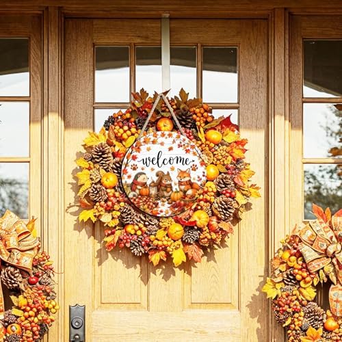 Leopard Pumpkin Fall Decor Sign for Front Door, Fall in Love Wooden Door Hanger, Rustic Farmhouse Autumn Pumpkin Wall Decor, Thanksgiving Halloween Porch Decorations for Home (Squirrel) - Image 2