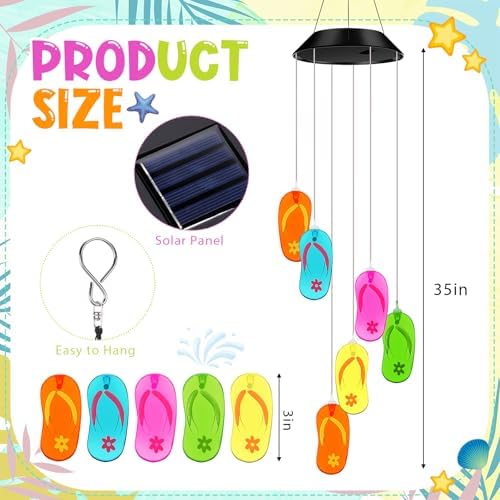 Wonderjune Tropical Beach Themed Slipper Solar Wind Chimes Flip Flop Outdoor Summer Beach Decorations Lights Mobile Wind Chime LED Lights for Garden Patio Yard Porch Hawaii Party Gifts - Image 2