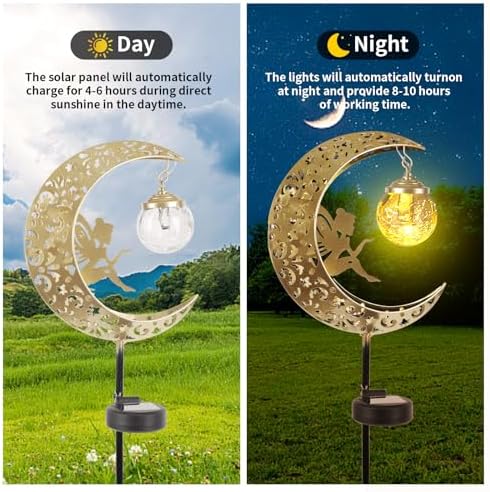 Solar Lights Outdoor Waterproof Fairy Moon Crackle Glass Lights with Metal Angel Decor for Walkway Yard Patio or Garden Gifts for Mom Grandma Friends - Image 2