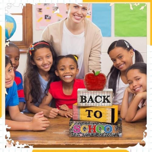 Lineshading 4 Pcs Back to School Table Decor Wooden Apple Blocks Sign - Image 4