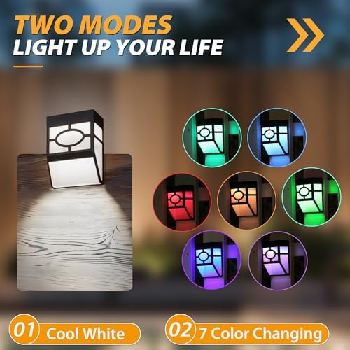 Otdair Solar Deck Lights Outdoor, 2 Modes Decorative Solar Fence Lights with RGB 7 Colors & Cold White, IP65 Waterproof Garden Decor for Yard, Patio, Front Door, Post, Landscape 8 Pack - Image 2