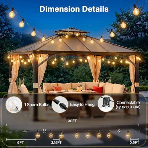 30FT Outdoor String Lights with Remote, Waterproof Connectable Dimmable G40 Patio Lights with 12+1 Shatterproof Edison LED Bulbs Plug in, Hanging Light for Outside Backyard Deck Garage Decor - Image 5