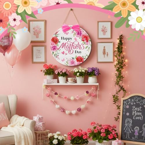 Boao Happy Mother's Day Wooden Door Hanging Sign Pink Welcome Farmhouse Door Decor Vintage Mother's Day Wood Rose Bow Gift Sign Rustic Wall Plaque Ornaments for Window Wall Porch - Image 6