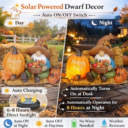 Solar Garden Gnomes Outdoor Statue with Solar Lights Fall Decorations Lighted Fall Gnome Pumpkin Figurine Decor Resin Thanksgiving Table Decorations for Porch Patio,Yard,Lawn Ornament Mom Gift - Image 3