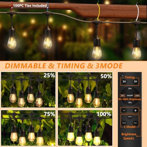 100FT Outdoor String Lights, 60+4 Bulbs,2200K amber glow,400W Dimmer Remote - Image 4