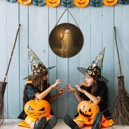Halloween Ghoust Round Door Sign, 10 Inch Wooden Hanging Plaque with Rope, Rustic Wall Decor for Home Porch Entryway Halloween Party Decoration - A05 - Image 4