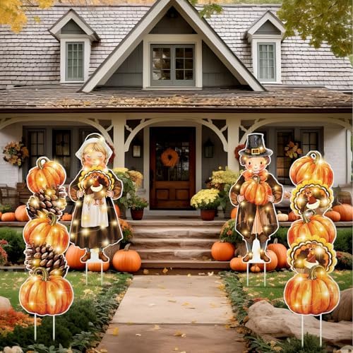 4 Pcs Fall Yard Decorations Outdoor with LED, Pilgrim Yard Signs with Stake - Image 2