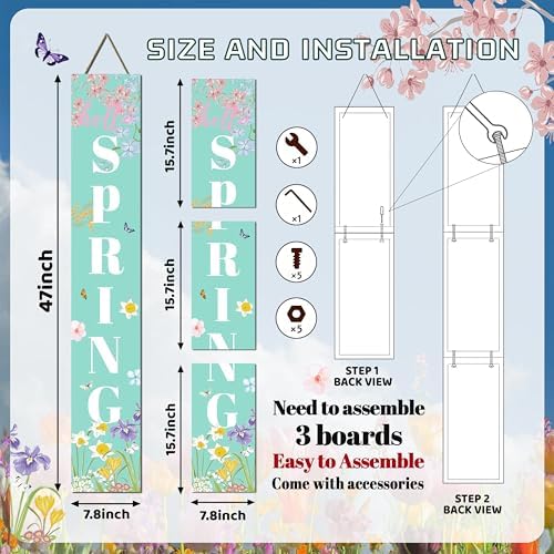 Spring Porch Sign Watercolor Flowers Hello Spring Front Door Hanging Decorations Indoor Outdoor Wooden Vertical Standing Welcome Sign For Home Yard Season Decor 47 x 7.8 inch - Image 4