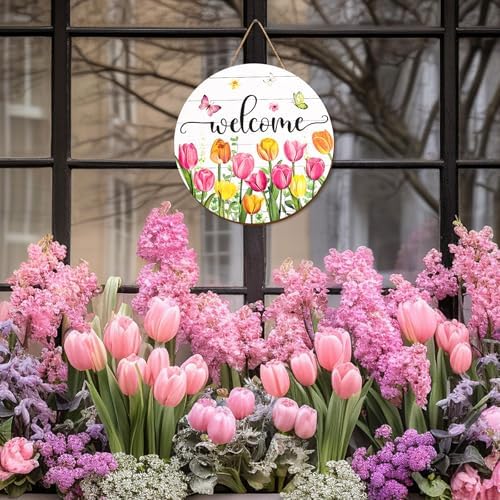 JarThenaAMCS Spring Tulip Welcome Door Sign Easter Summer Wildflower Butterfly Wooden Hanging Decoration Wreaths Floral Front Door Sign for Home Indoor Outdoor Porch Wall - Image 4