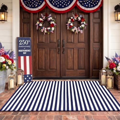 Moucuny 3' X 5' Wide Navy and White Patriotic Vertical Stripe Outdoor Rug by Moucuny