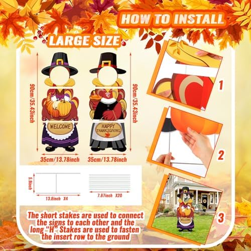 Chunful 4 Sets Thanksgiving Outdoor Decorations - Turkey Face Yard Signs with Stakes, Happy Thanksgiving Decor, Outdoor Turkey Pumpkin Leaf Harvest Garden Porch Signs, Lawn Yard Decor, 35 x 14 inch - Image 2