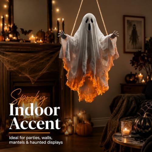 Halloween Door Sign Wooden Wreath 2D Door Hanger Fiery Burning Ghost Designs Halloween Front Wall Hanging Sign Scary Ghost Door Hanger for Home Porch Outdoor Holiday Decor - Image 5