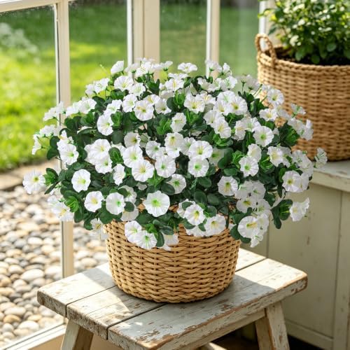 HyeFlora Artificial Flowers for Outdoors Fake Plants Outside Decoration, 4 Bundles Silk White Morning Glory UV Resistant Look Real Faux Flowers for Planter Front Door Porch Patio Yard Gardens Balcony - Image 3