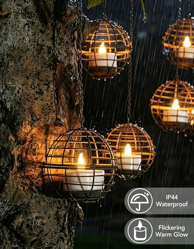 Large Solar Lights Outdoor Hanging Lanterns 6 Pack, Rustic Iron 4.3" Ball Solar Tea Lights with Flickering Flame Candle, Waterproof Hanging Lights for Backyard Patio Garden Fence Tree Pergola Décor - Image 7