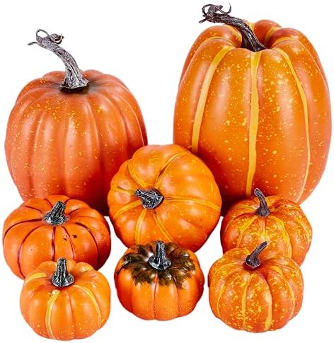 Artmag 8 Pcs Assorted Sizes Harvest Orange Artificial Pumpkins for Fall Halloween Thanksgiving Decorating Embellishing and Displaying by Artmag