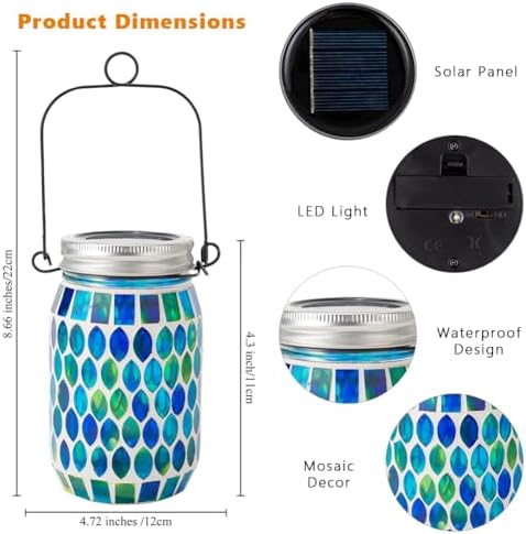 Starsoul 2 Pack Solar Lanterns Outdoor Waterproof, Decorative Teal Mosaic Glass Outdoor Lantern, Hanging Solar Garden Lights for Outside Pathway Patio Porch Yard Table, Gifts for Women Mom Grandma - Image 4