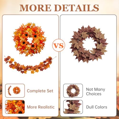 Fall Wreath & Garland with Pumpkins Sunflowers Maple Leaves Set, 26in - Image 7