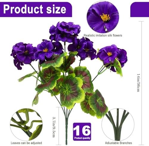 lovemoon 16 Pcs Artificial Geranium Plant Realistic Purple Silk Flowers for Outside UV Resistant Faux Geraniums Flowers for Indoor Outdoor Home Garden Office Decoration (16, Purple) - Image 2