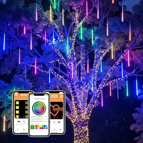 Smart Meteor Shower Lights Outdoor, 16Tube 256LED 24.6ft Color Changing Dripping Icicle Christmas Lights for Outdoor Outside, APP Controlled RGB Customize Display DIY Dynamic Lighting Effec by SmartDawn